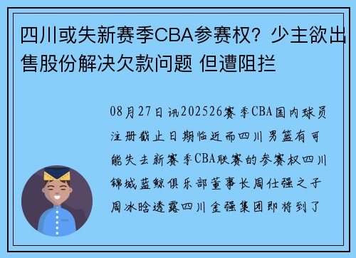 四川或失新赛季CBA参赛权？少主欲出售股份解决欠款问题 但遭阻拦
